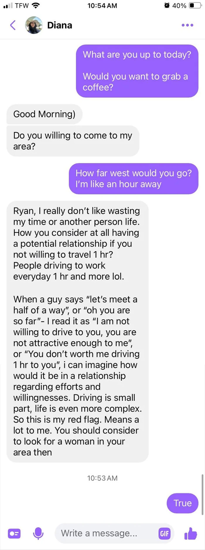 Text message exchange showing a woman expressing unreasonable expectations about travel in a relationship, highlighting delusional behavior.