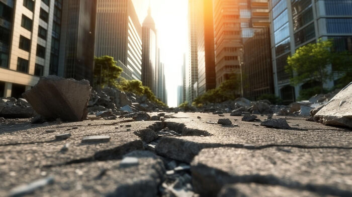 Urban street c*****d and broken, sunlight shining through skyscrapers, illustrating the ticking big lifetime event concept.