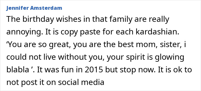 Comment criticizing repetitive Kardashian birthday wishes amid Timothée Chalamet’s bizarre post on Kylie Jenner’s birthday. Comment criticizing repetitive Kardashian birthday wishes amid Timothée Chalamet’s bizarre post on Kylie Jenner’s birthday.