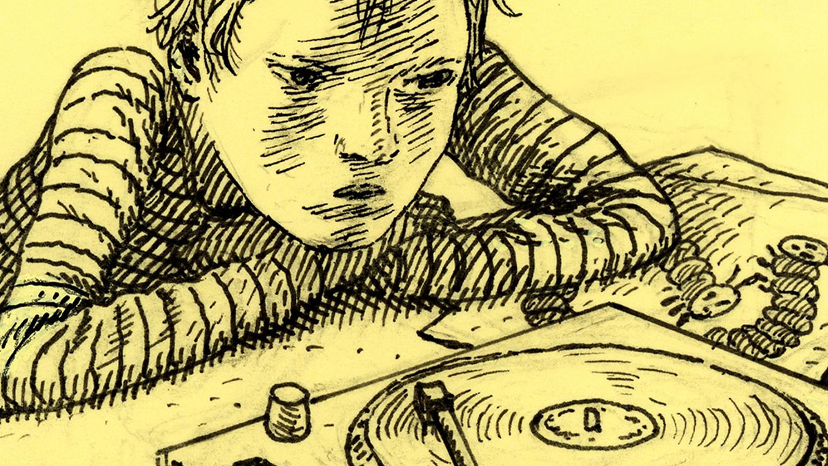 Detailed sketch of a person leaning on a table with a turntable, drawn on yellow Post-It notes by an artist.