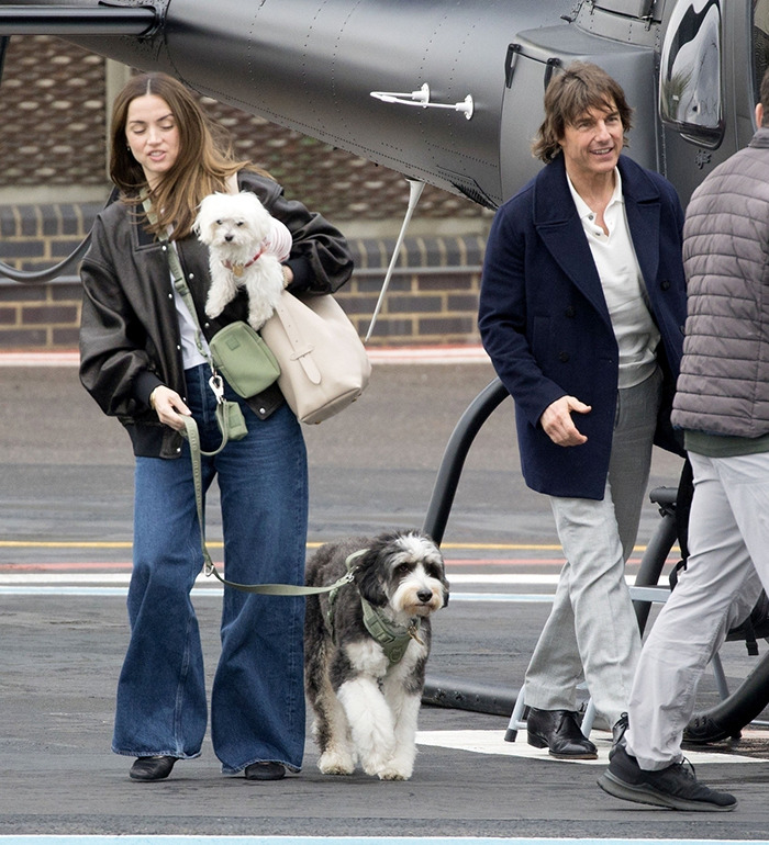 Tom Cruise and Ana de Armas walking dogs near a helicopter in a candid photo that went viral and sparked brutal roasting. Tom Cruise and Ana de Armas walking dogs near a helicopter in a candid photo that went viral and sparked brutal roasting.