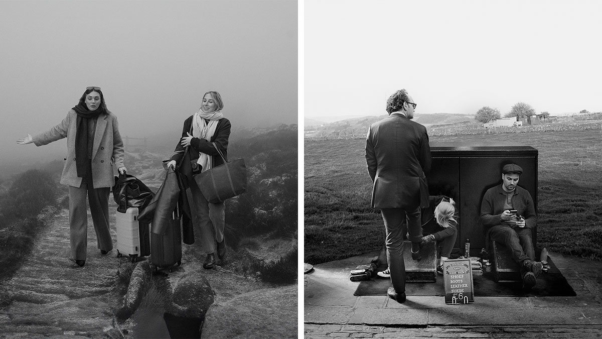 Two women with luggage and a man in a suit at a countryside shoe shine stand showing city behaviors out of place.
