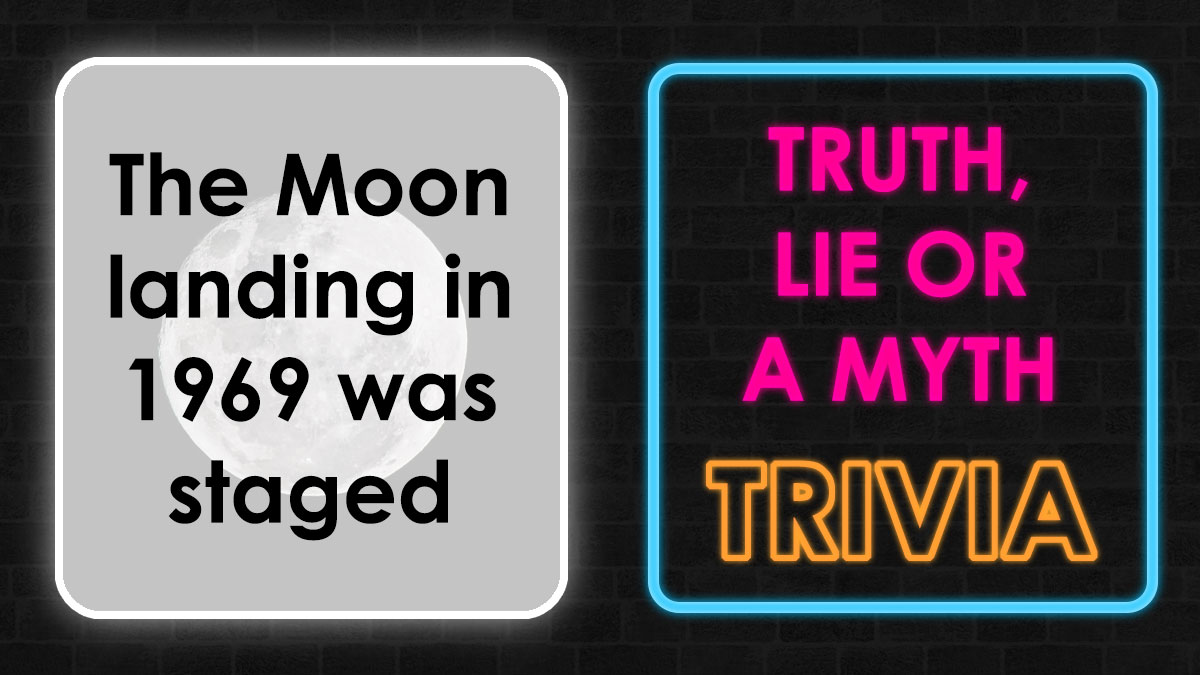 Trivia quiz graphic with text about spotting truth, lie, or myth related to the Moon landing history challenge.