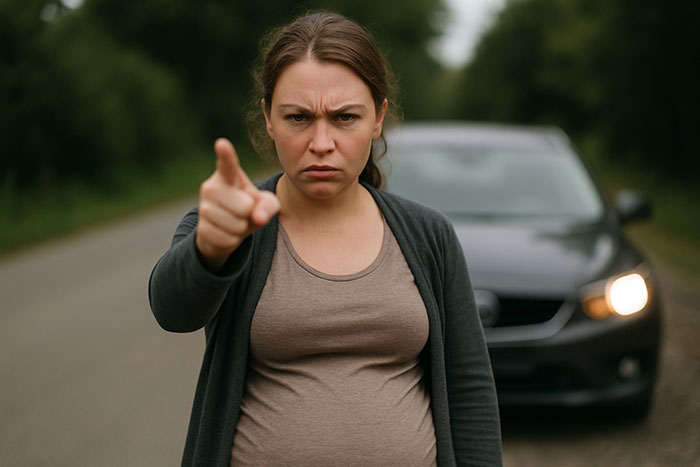 Pregnant young woman with an angry expression pointing forward, standing in front of a car on a rural road. Pregnant young woman with an angry expression pointing forward, standing in front of a car on a rural road.