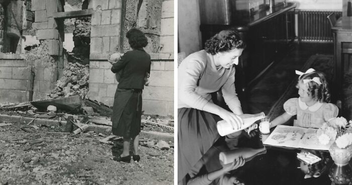 Rare WWII photo showing a woman holding a baby amid rubble and a woman pouring milk for a child at a table indoors