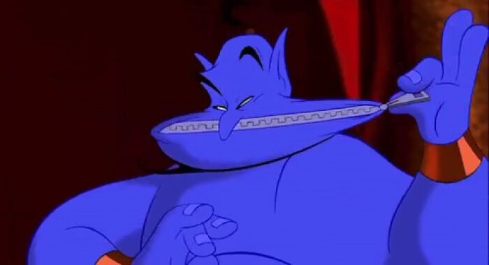 Animated blue genie smiling while holding a spoon inside his wide mouth, representing low effort high reward concept.