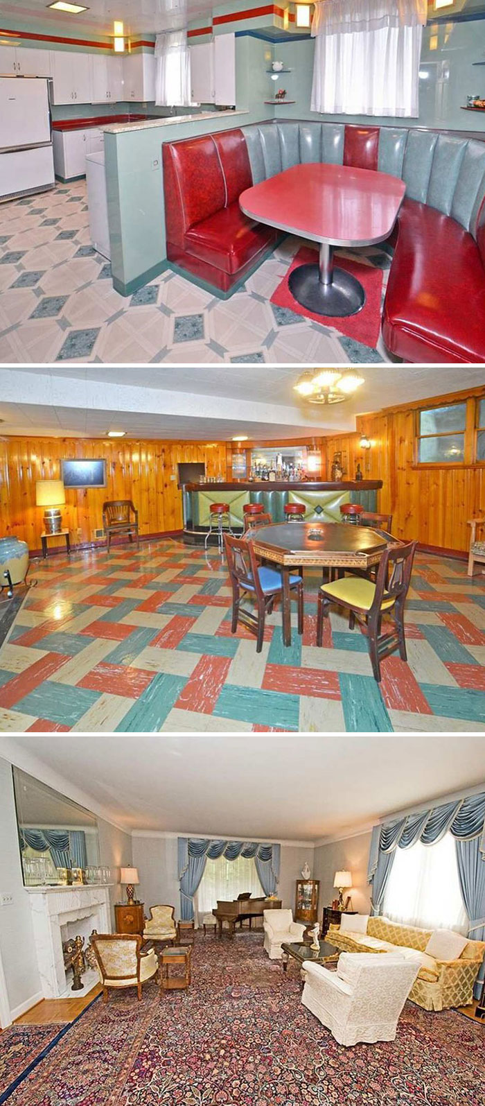 Vintage closet with old-timey kitchen, retro barroom, and classic living room capturing June Cleavers vintage style.