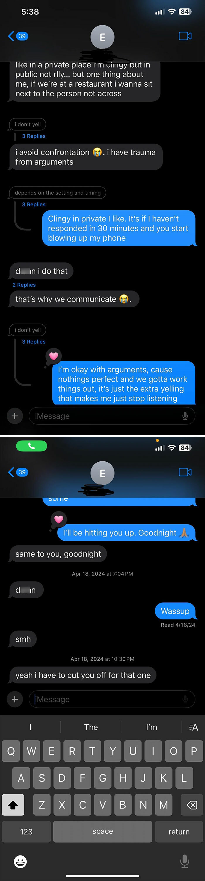 Text message exchange showing conflict and delusional behavior in a conversation between women discussing arguments and communication.