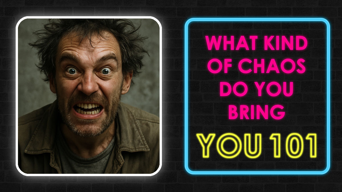 Man with wild hair and intense expression next to neon sign reading what kind of chaos do you bring you 101