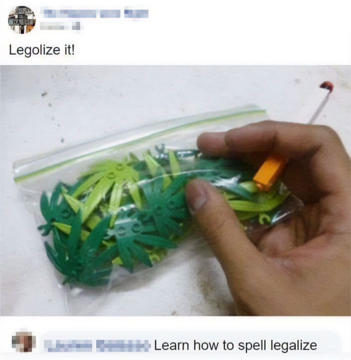 Hand holding a lighter near a bag of LEGO pieces shaped like m*******a leaves showing a missed joke moment.