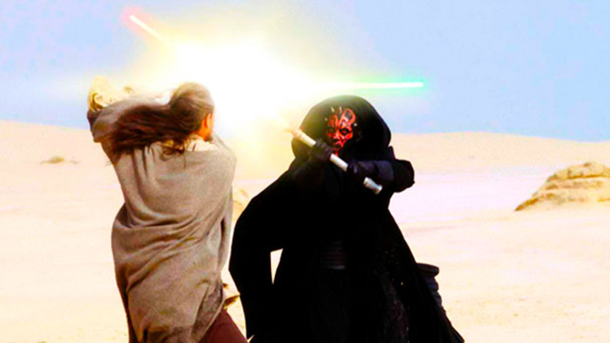 Two people engaged in a lightsaber duel in a desert setting, illustrating moments people missed the joke.