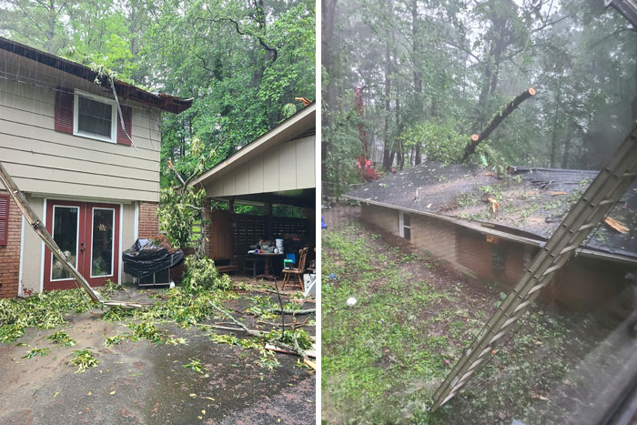 Fallen tree branches damage house and yard showing wild mother nature forces on residential property.