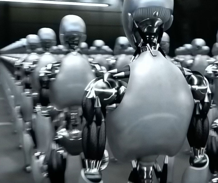 A group of futuristic metallic robots standing in formation with detailed mechanical limbs and torsos. A group of futuristic metallic robots standing in formation with detailed mechanical limbs and torsos.