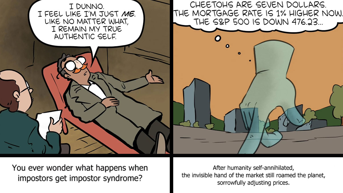 Four-panel Saturday Morning Breakfast Cereal comic mixing humor, science, and philosophy with impostor syndrome and market commentary.
