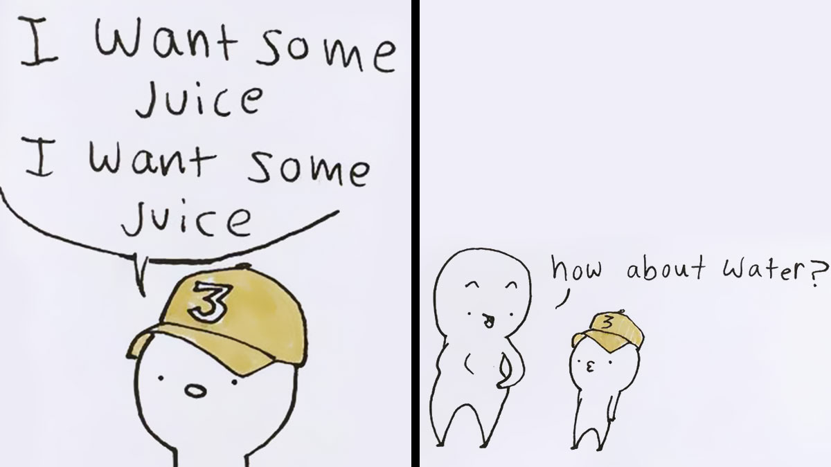 Minimalist Precious Barmore comic featuring characters joking about wanting juice and suggesting water instead.