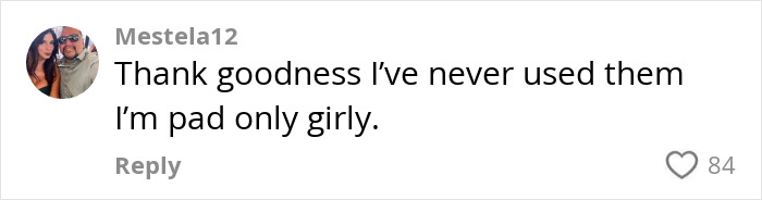 Comment from Mestela12 discussing personal tampon use with a partner in social media thread about tampon story. Comment from Mestela12 discussing personal tampon use with a partner in social media thread about tampon story.