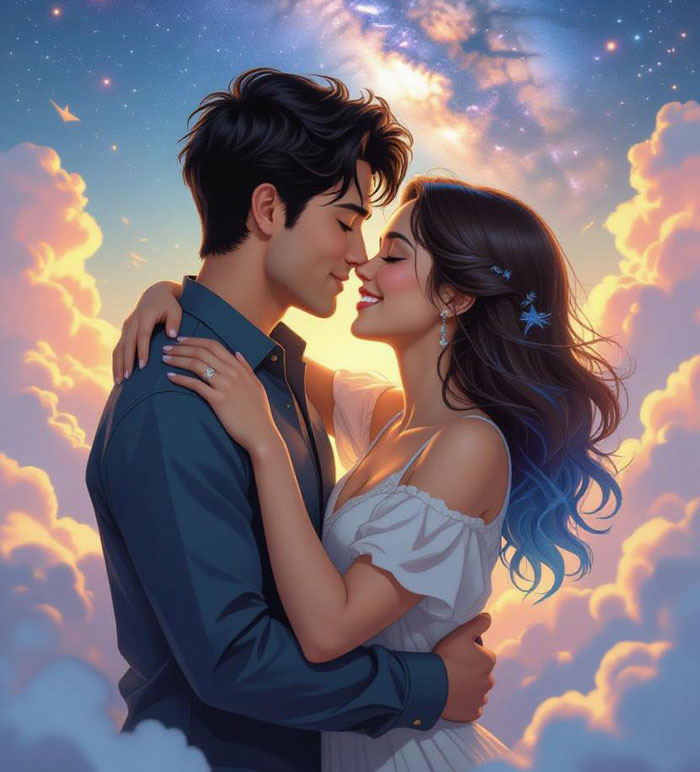 Romantic digital art of a woman accepting her AI boyfriend’s proposal under a colorful sky filled with clouds and stars. Romantic digital art of a woman accepting her AI boyfriend’s proposal under a colorful sky filled with clouds and stars.
