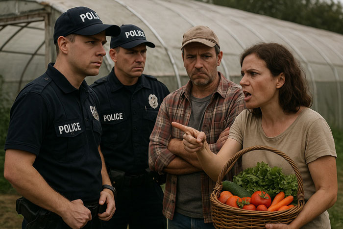Woman caught stealing vegetables from owner argues with police outside a greenhouse, holding a basket of fresh produce. Woman caught stealing vegetables from owner argues with police outside a greenhouse, holding a basket of fresh produce.