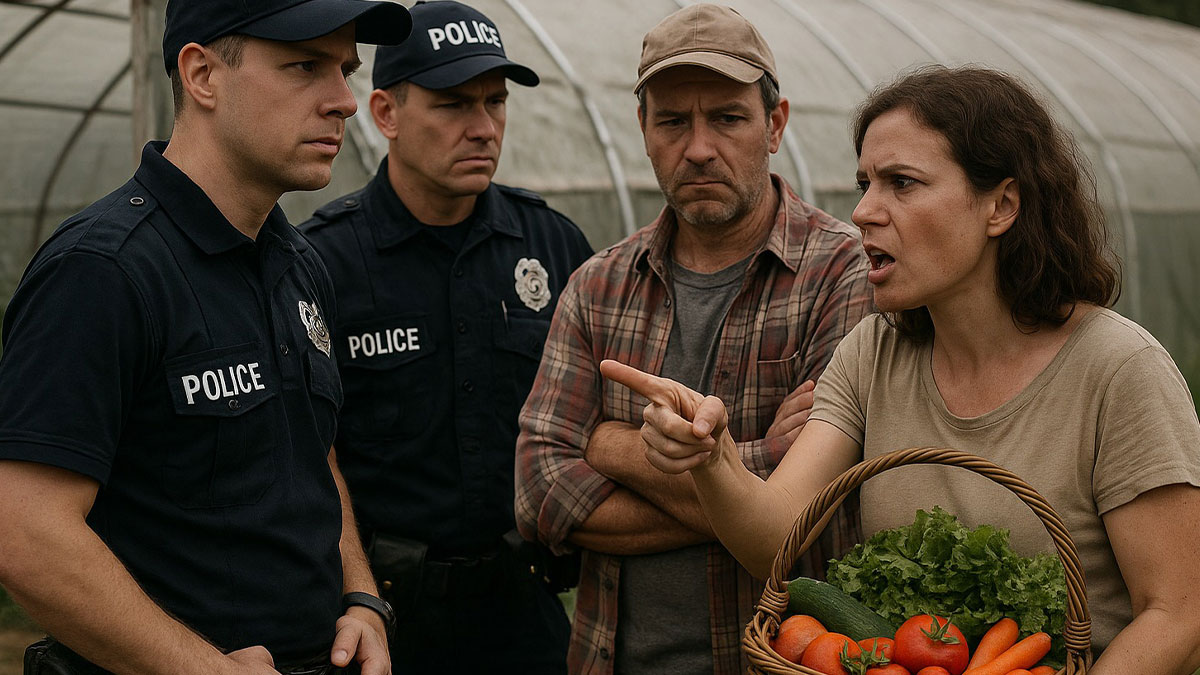 Woman caught stealing vegetables arguing with police and the actual owner holding a basket of fresh produce outdoors.