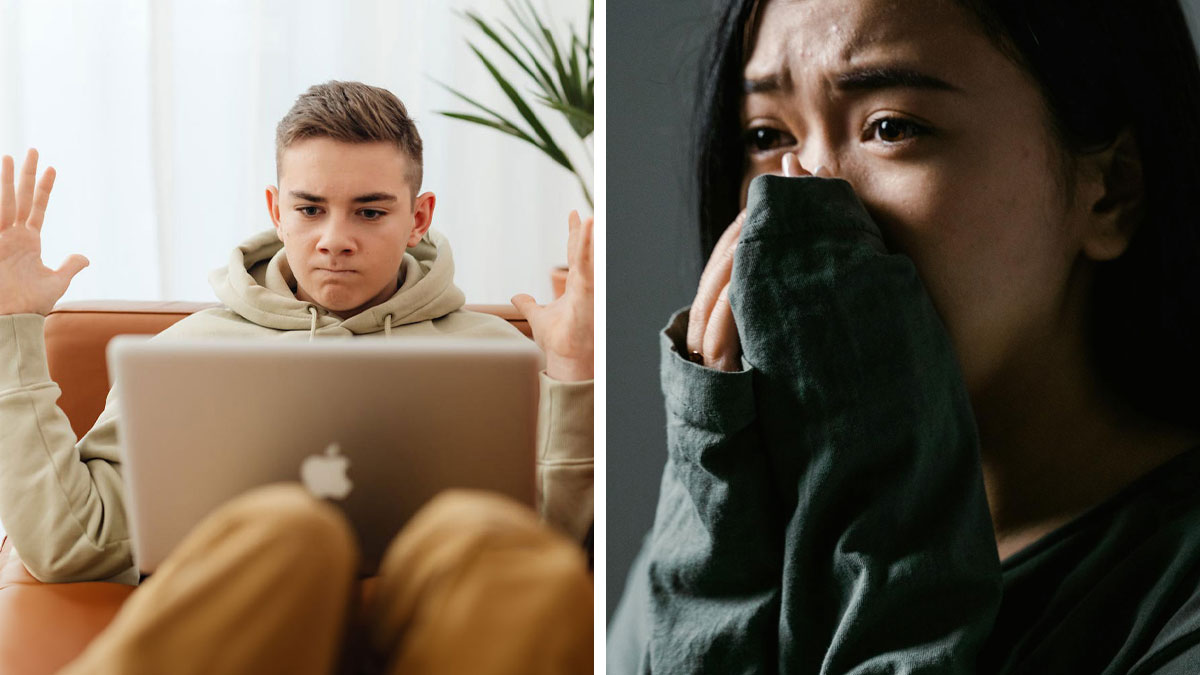 Teen boy using laptop with frustrated expression beside woman covering mouth looking upset, highlighting autistic nephew conflict.