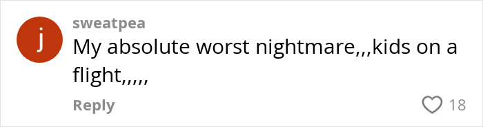 Comment expressing frustration about a passenger’s worst experience with a bored child on a flight on social media. Comment expressing frustration about a passenger’s worst experience with a bored child on a flight on social media.