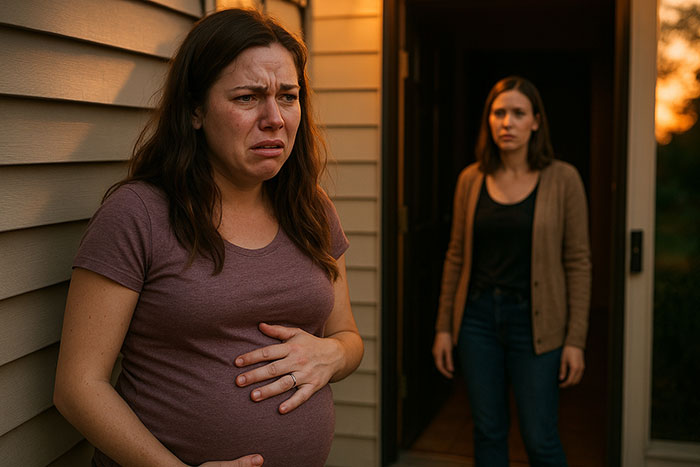 Pregnant young woman holding her belly with a distressed expression while another woman stands in the background outside a house. Pregnant young woman holding her belly with a distressed expression while another woman stands in the background outside a house.