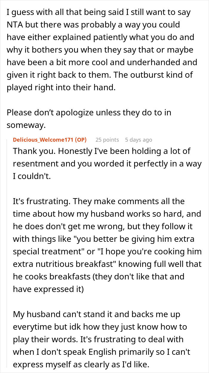 Screenshot of a Reddit conversation where a working mom discusses frustration with in-laws about daycare and family expectations. Screenshot of a Reddit conversation where a working mom discusses frustration with in-laws about daycare and family expectations.