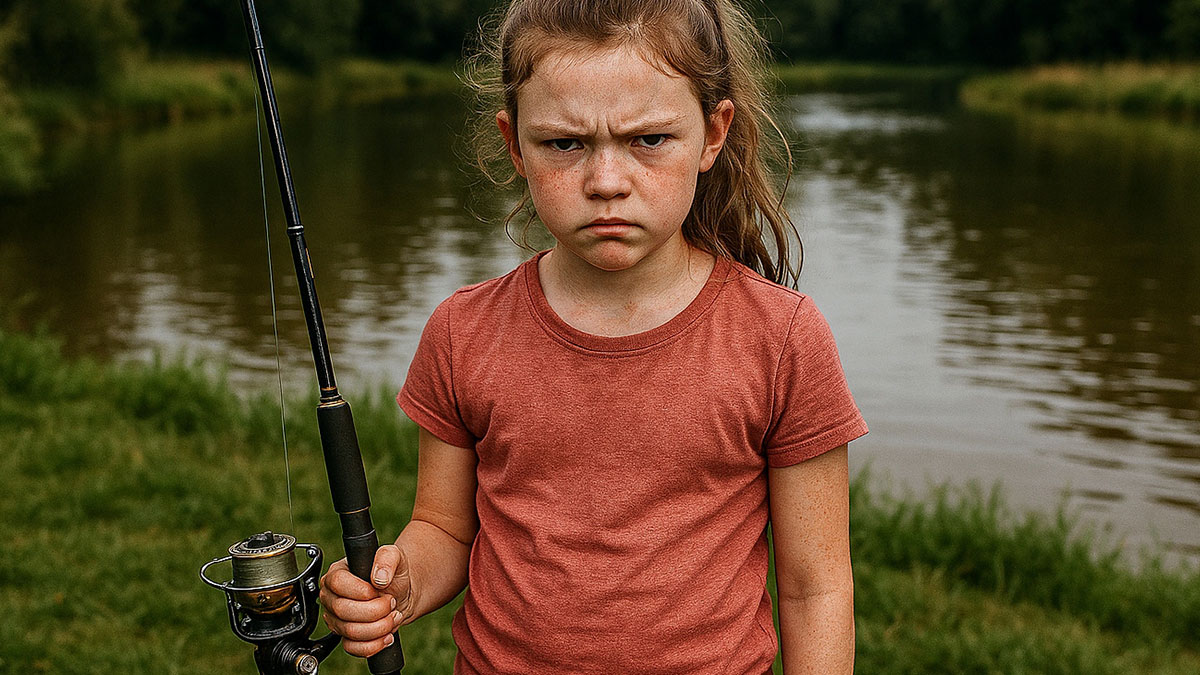 Young girl holding fishing pole by a lake with an angry expression, standing on grass near the water edge.