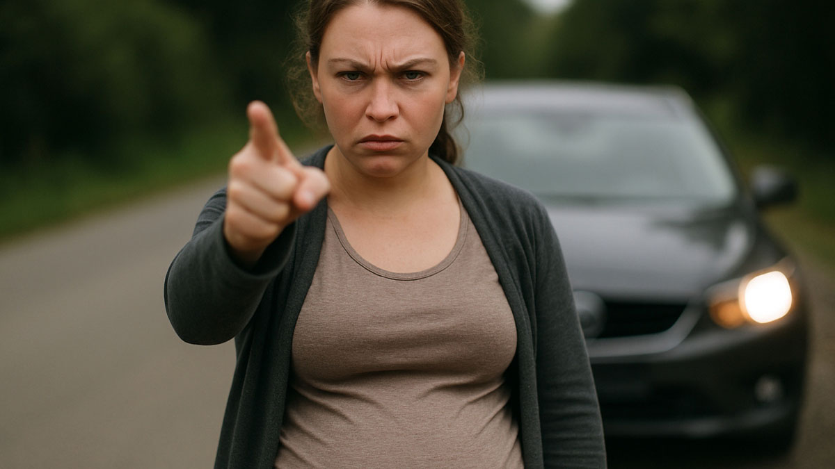 Pregnant lady with serious expression pointing forward near a car, illustrating private driveway parking dispute.