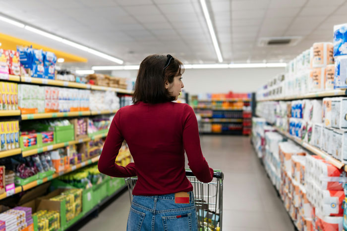 Woman pushing a shopping cart through supermarket aisles picking items for an American family grocery haul. Woman pushing a shopping cart through supermarket aisles picking items for an American family grocery haul.