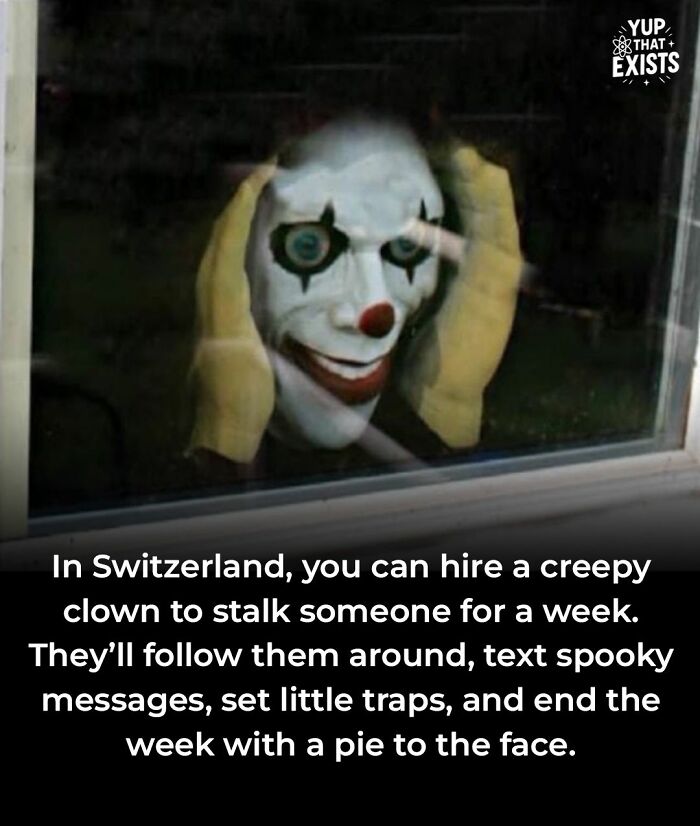Creepy clown in a mask and gloves stalking someone through a window, illustrating weird things that sound made up.