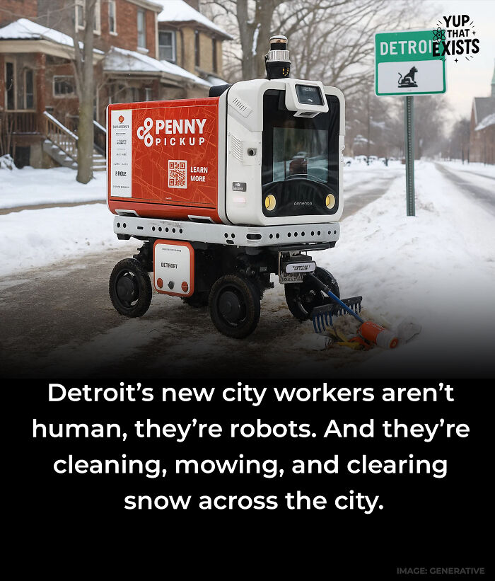 Small four-wheeled robot clearing snow on a Detroit street, showcasing weird things that sound made up but are real.