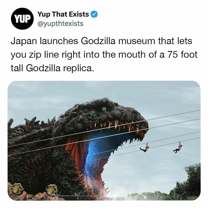 Photo of a 75-foot tall Godzilla replica in Japan with people zip lining into its open mouth, showcasing weird things.