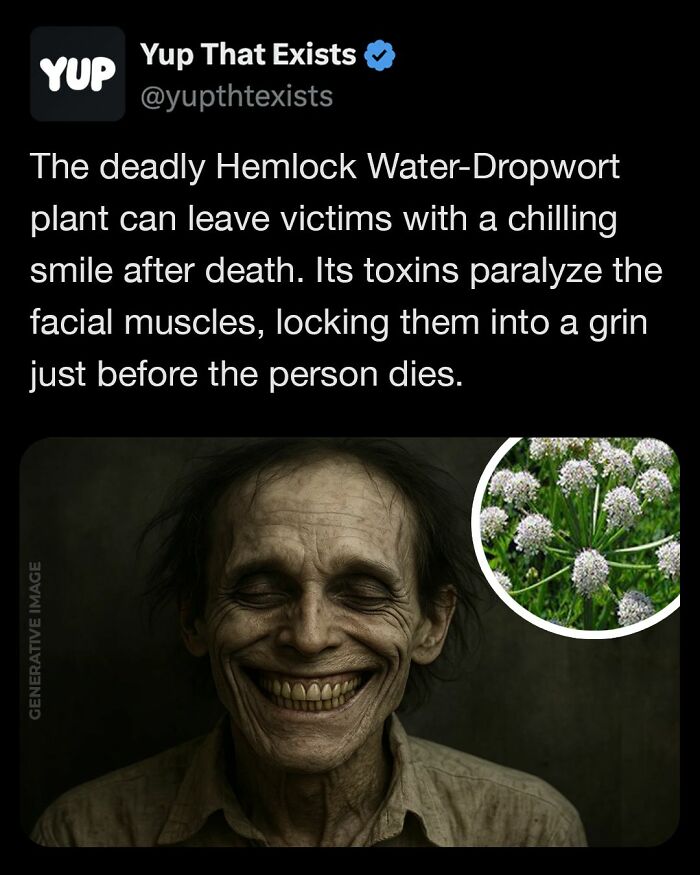 Deadly Hemlock Water-Dropwort plant causes facial paralysis locking victims in a chilling smile before death, weird things that sound made up.