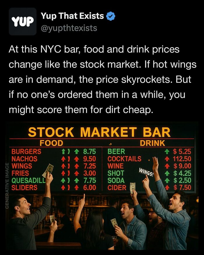 People at a NYC bar with dynamic food and drink prices changing like the stock market in a weird real-world setting.