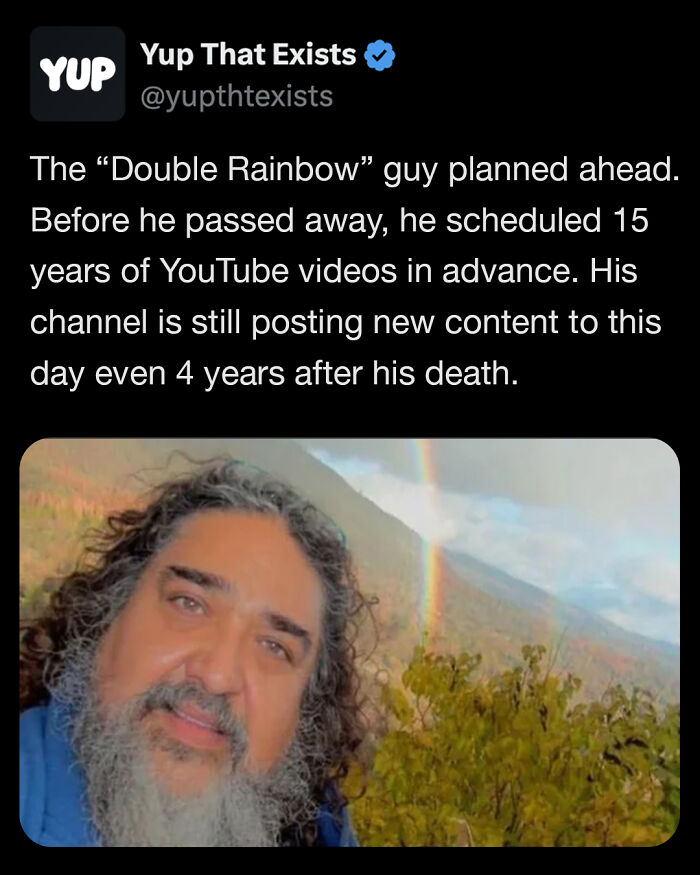 Man with long curly hair and beard in front of a double rainbow outdoors, illustrating weird things that sound made up but real.