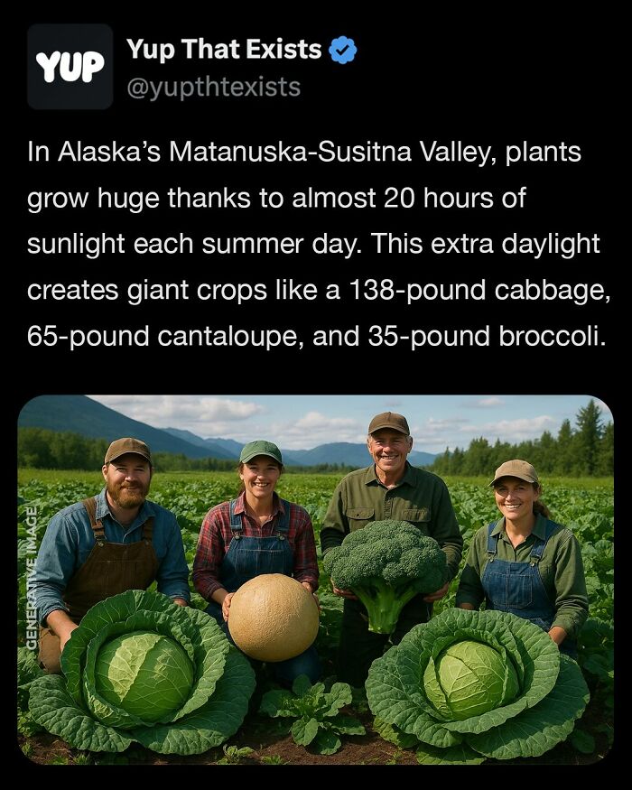 Four farmers in a field holding giant broccoli, cantaloupe, and cabbages grown in Alaska's Matanuska-Susitna Valley.
