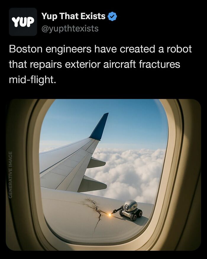 Robot repairing exterior aircraft fractures mid-flight viewed through airplane window, showcasing weird things that sound made up.