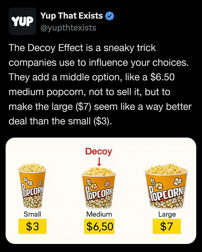 Popcorn sizes demonstrating the decoy effect, a marketing trick influencing choices by adding a middle option.