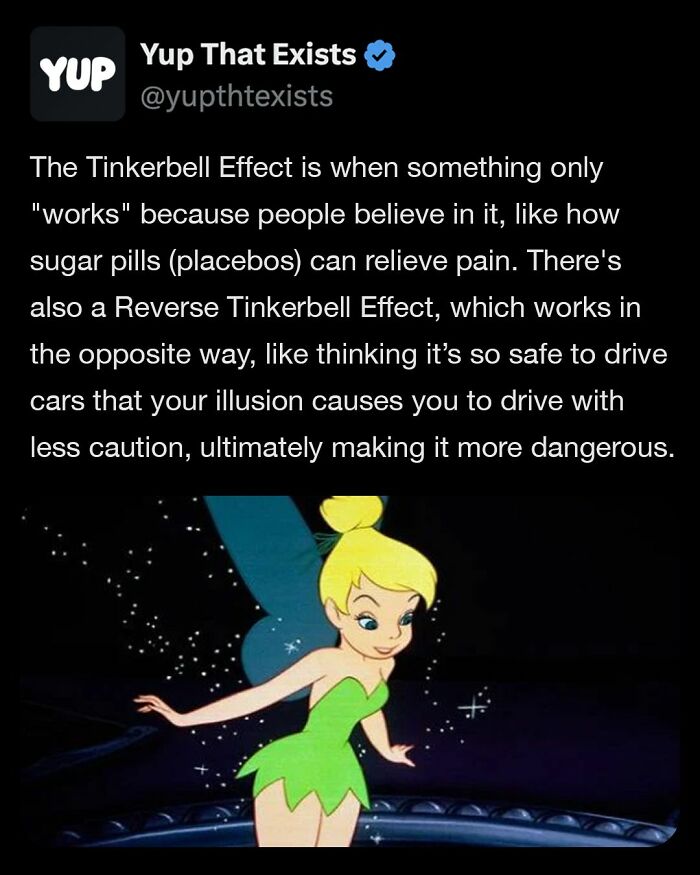 Tweet from Yup That Exists explaining the Tinkerbell Effect and Reverse Tinkerbell Effect with animated Tinkerbell image.