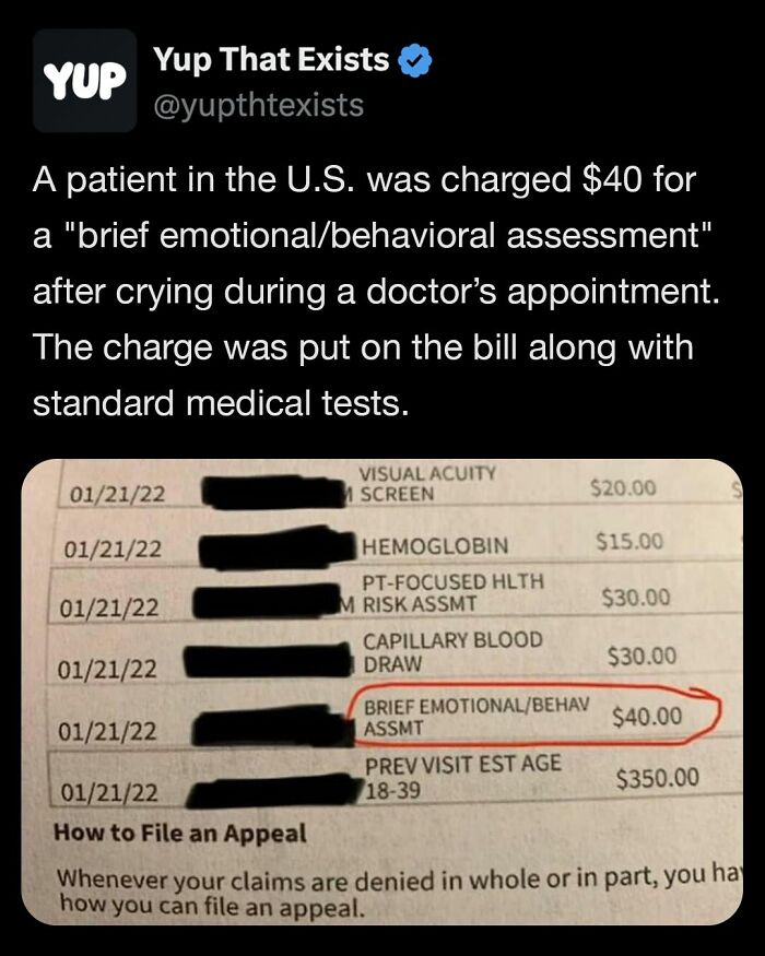 Tweet showing a medical bill charge of $40 for a brief emotional behavioral assessment after crying, highlighting weird things that exist.
