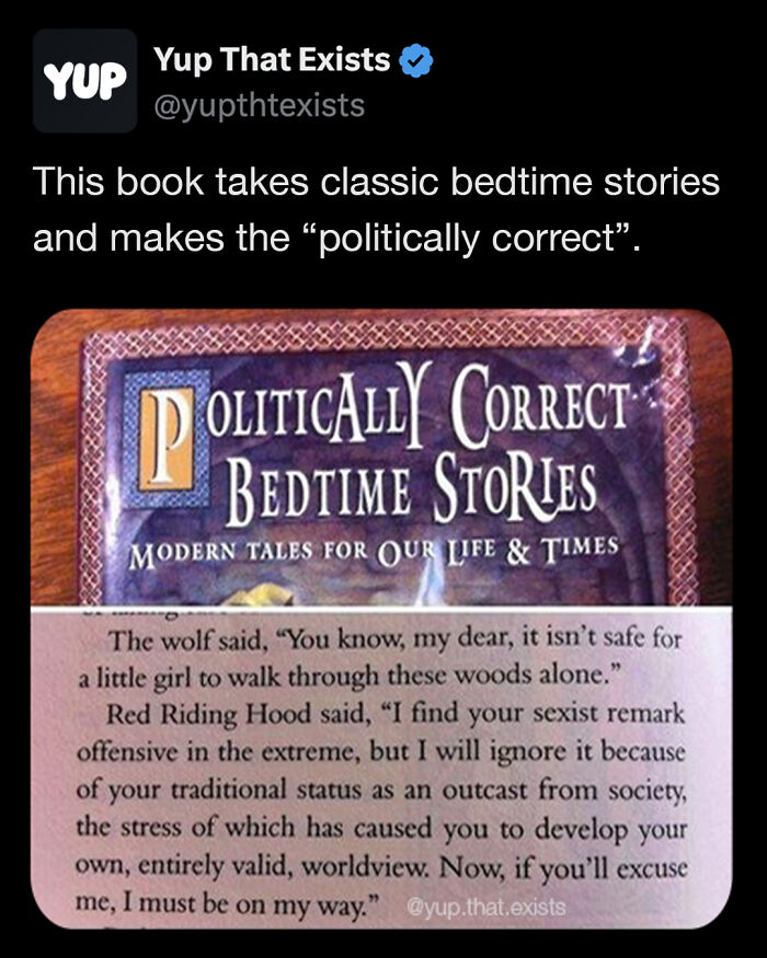 Screenshot of a book titled Politically Correct Bedtime Stories with a humorous modern fairy tale text, weird things.
