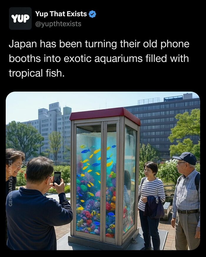 Old phone booths turned into exotic aquariums with tropical fish attracting curious visitors in an outdoor urban setting.