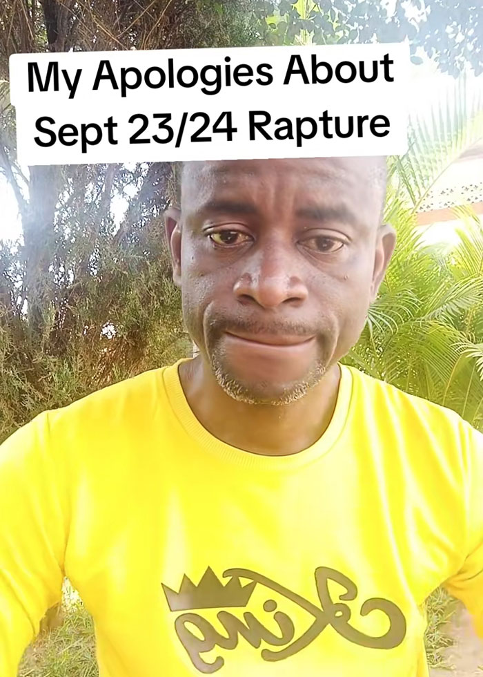 Man in a yellow shirt outdoors with a serious expression apologizing about the RaptureTok prediction falling flat. Man in a yellow shirt outdoors with a serious expression apologizing about the RaptureTok prediction falling flat.