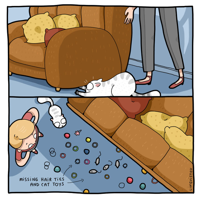 Cat owner relates to fun comic showing a cat hiding hair ties and cat toys under a couch in a playful scene.
