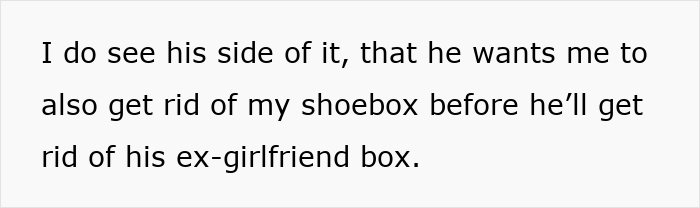 Text showing a wife discussing getting rid of her shoebox while her husband keeps his ex-girlfriend’s memory box, highlighting hypocrisy.