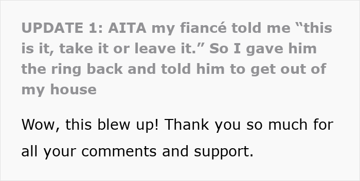 Alt text: Woman reacts to man’s ultimatum on joint house ownership, ending engagement after insisting on 50/50 property split Alt text: Woman reacts to man’s ultimatum on joint house ownership, ending engagement after insisting on 50/50 property split