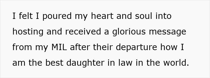 Text image showing a woman expressing how she poured her heart into hosting MIL and SIL, feeling unappreciated by her husband. Text image showing a woman expressing how she poured her heart into hosting MIL and SIL, feeling unappreciated by her husband.