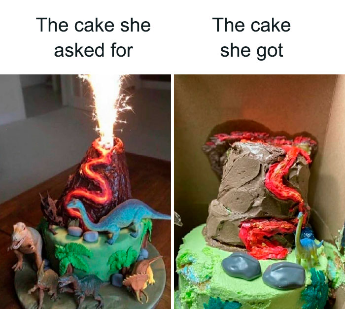 Dinosaur volcano cake ordered versus a poorly executed cake fail with melted frosting and sparse decorations.