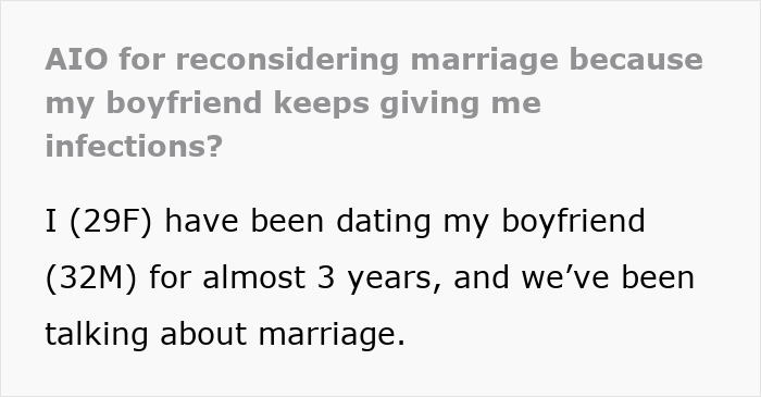 Woman reconsidering marriage plans after boyfriend insists he is prone to infections and refuses to get tested. Woman reconsidering marriage plans after boyfriend insists he is prone to infections and refuses to get tested.